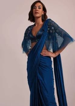 Blue Hand Embroidered Ready Pleated Saree And Blouse In Crepe