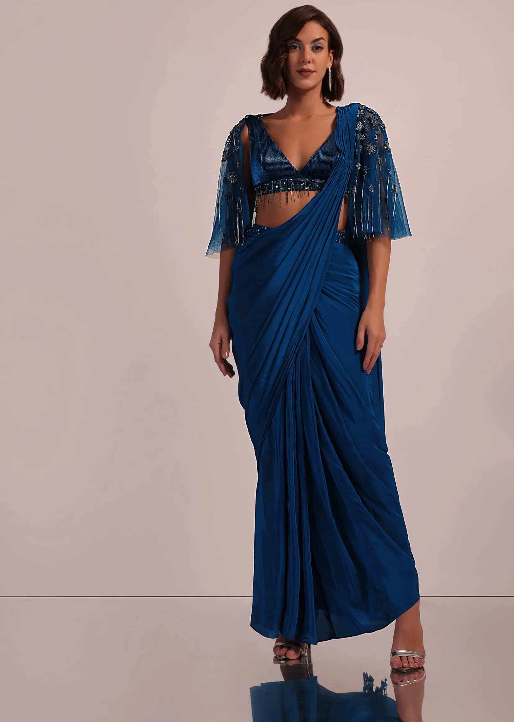 Blue Hand Embroidered Ready Pleated Saree And Blouse In Crepe