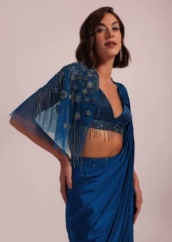 Blue Hand Embroidered Ready Pleated Saree And Blouse In Crepe