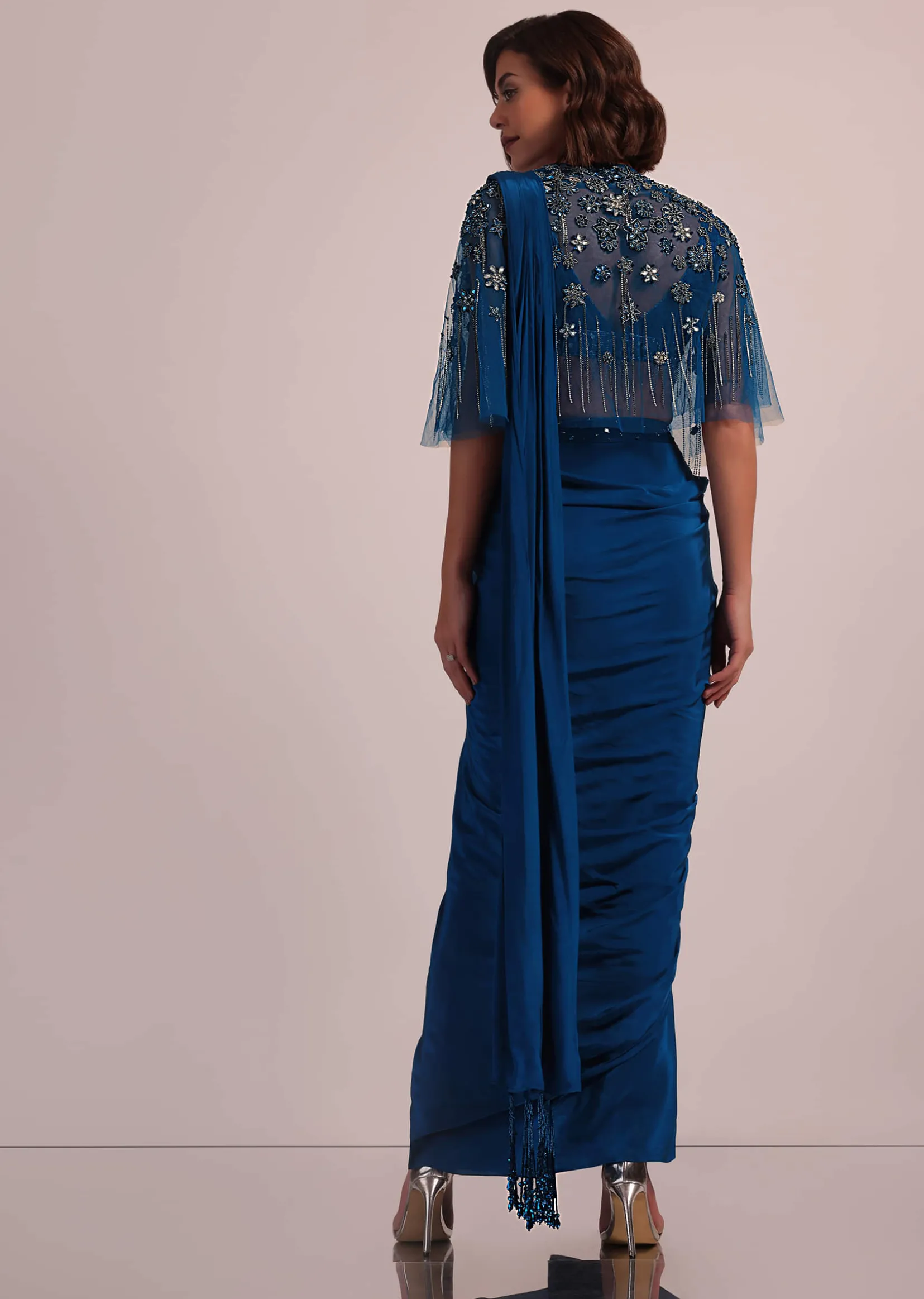 Blue Hand Embroidered Ready Pleated Saree And Blouse In Crepe