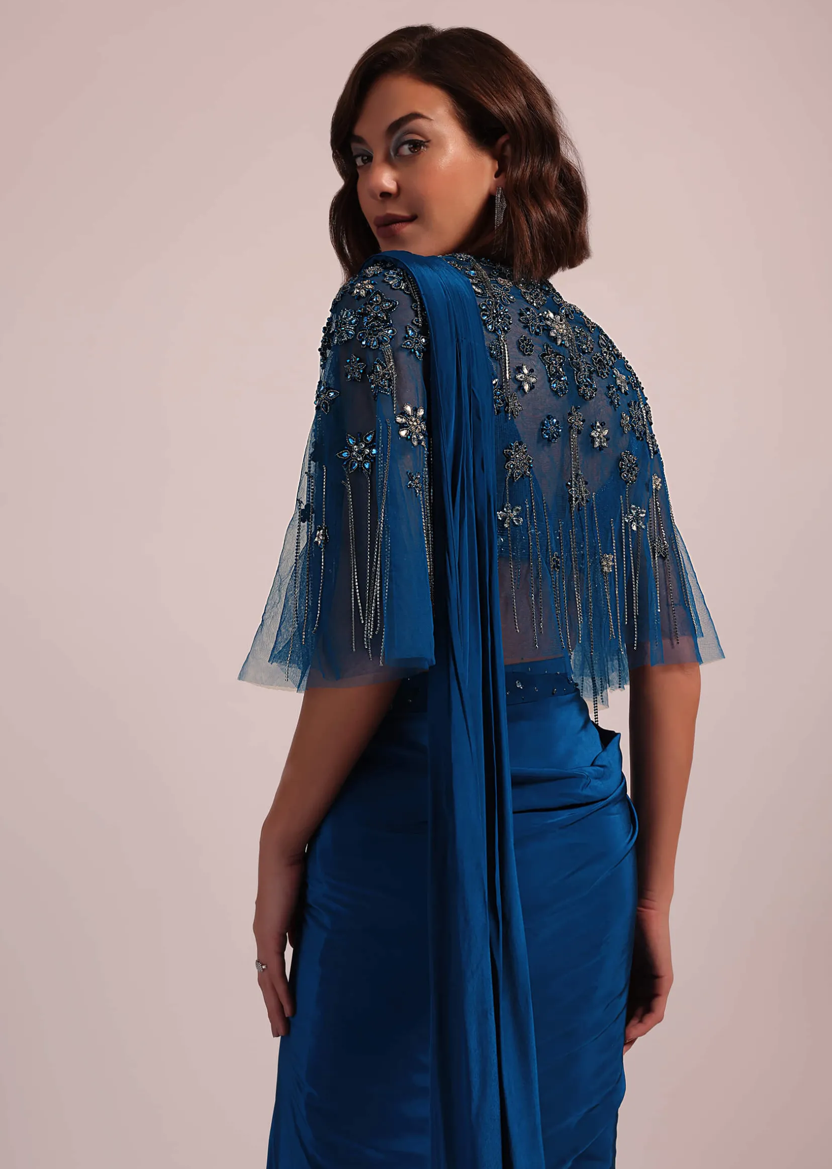 Blue Hand Embroidered Ready Pleated Saree And Blouse In Crepe