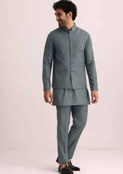 Blue Jacket and Kurta Set With Cutwork Detail