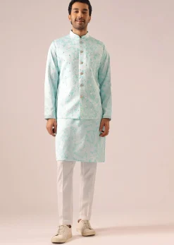 Blue Jacket And Kurta Set with Tie Dye And Mirror Work