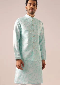 Blue Jacket And Kurta Set with Tie Dye And Mirror Work