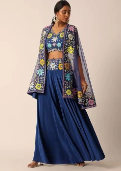 Blue Jacket And Palazzo Set With Floral Motif Embroidery