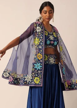 Blue Jacket And Palazzo Set With Floral Motif Embroidery