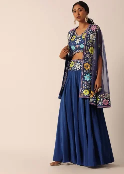 Blue Jacket And Palazzo Set With Floral Motif Embroidery