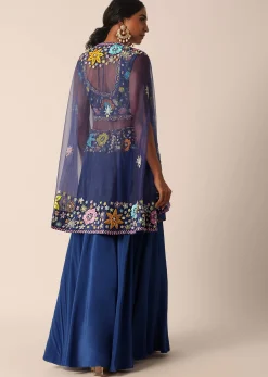Blue Jacket And Palazzo Set With Floral Motif Embroidery
