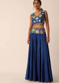 Blue Jacket And Palazzo Set With Floral Motif Embroidery
