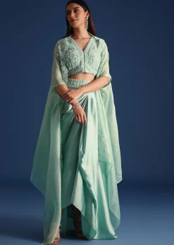 Blue Jacket With Draped Satin Skirt And Crop Top