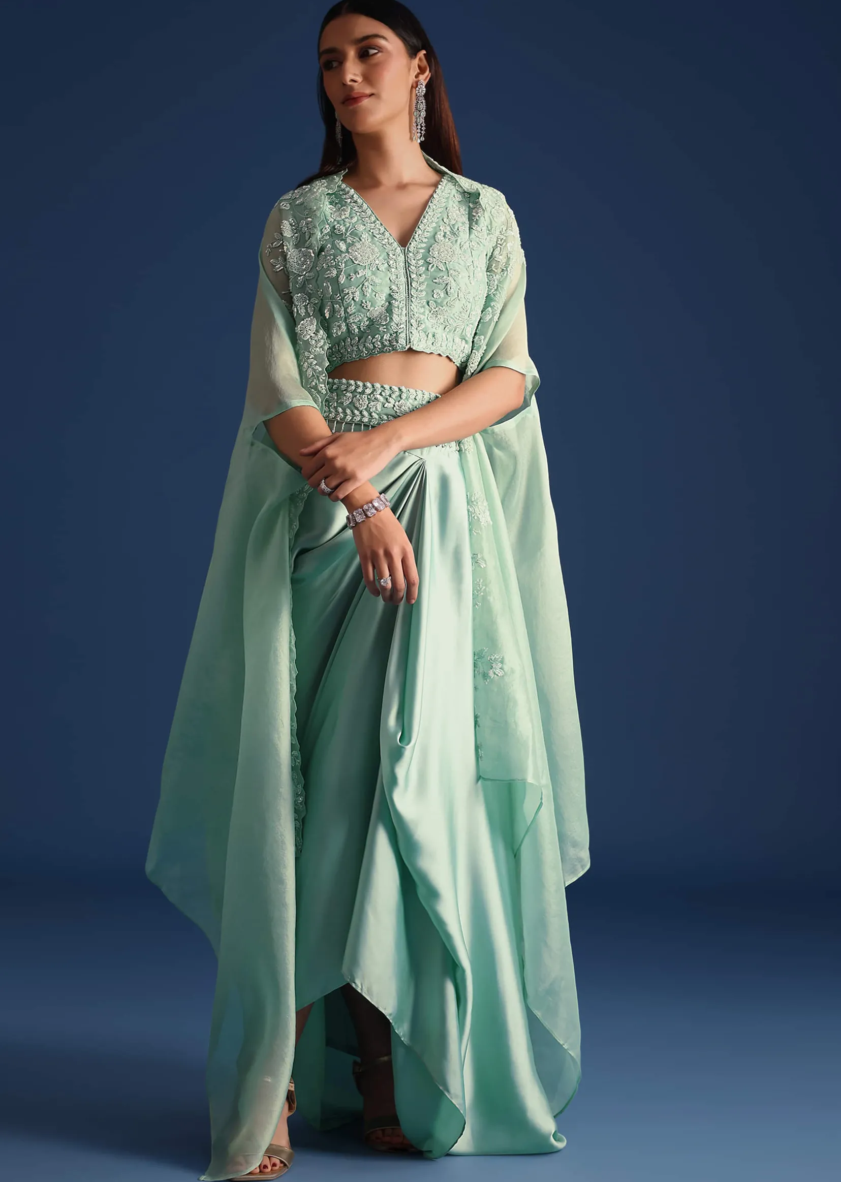 Blue Jacket With Draped Satin Skirt And Crop Top