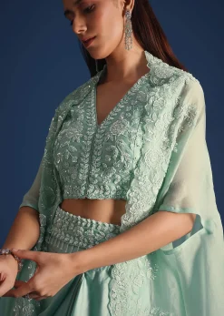 Blue Jacket With Draped Satin Skirt And Crop Top