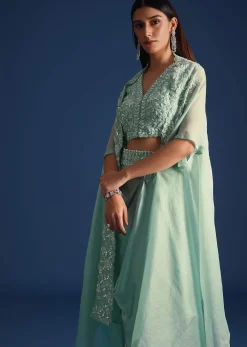 Blue Jacket With Draped Satin Skirt And Crop Top