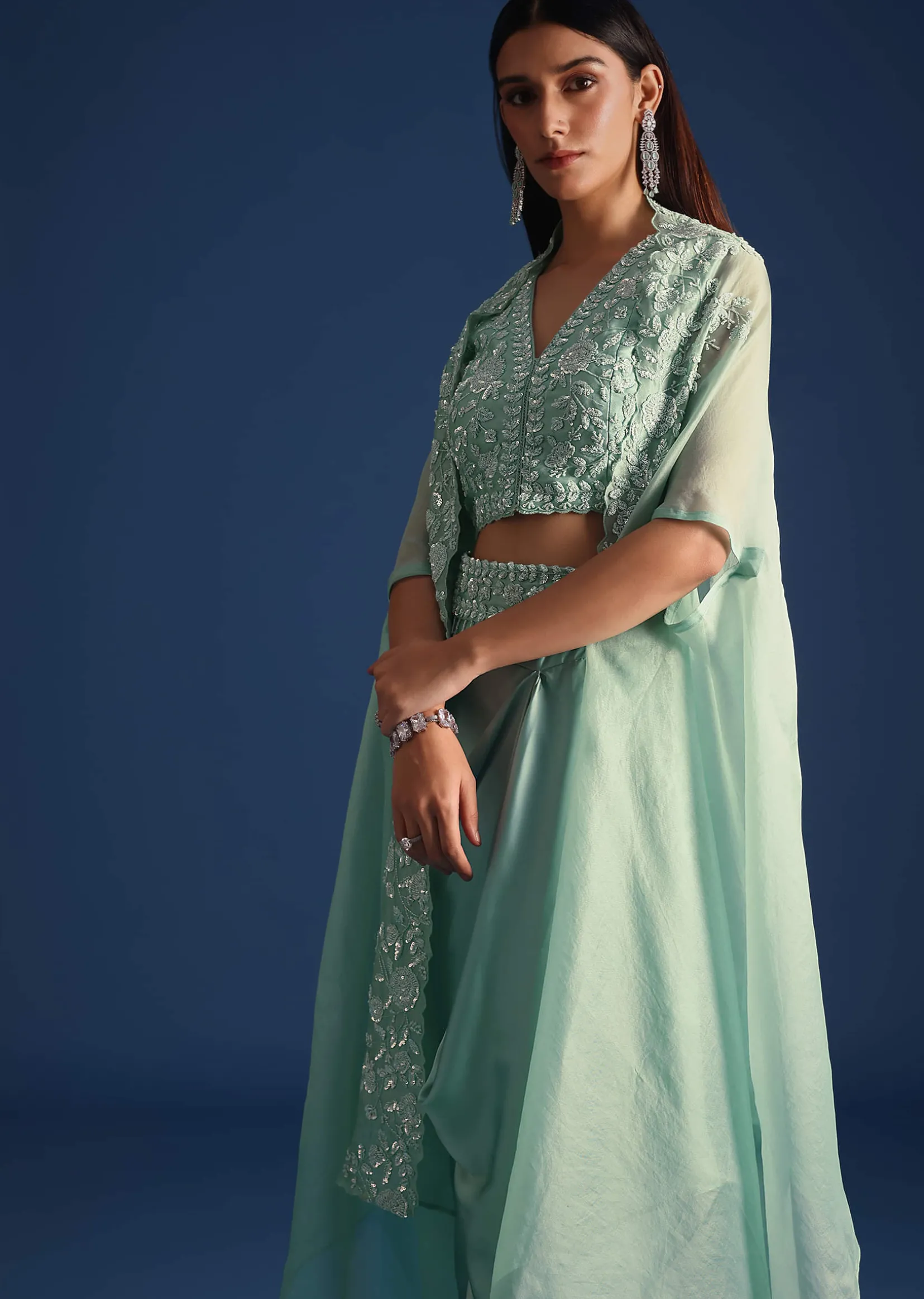 Blue Jacket With Draped Satin Skirt And Crop Top