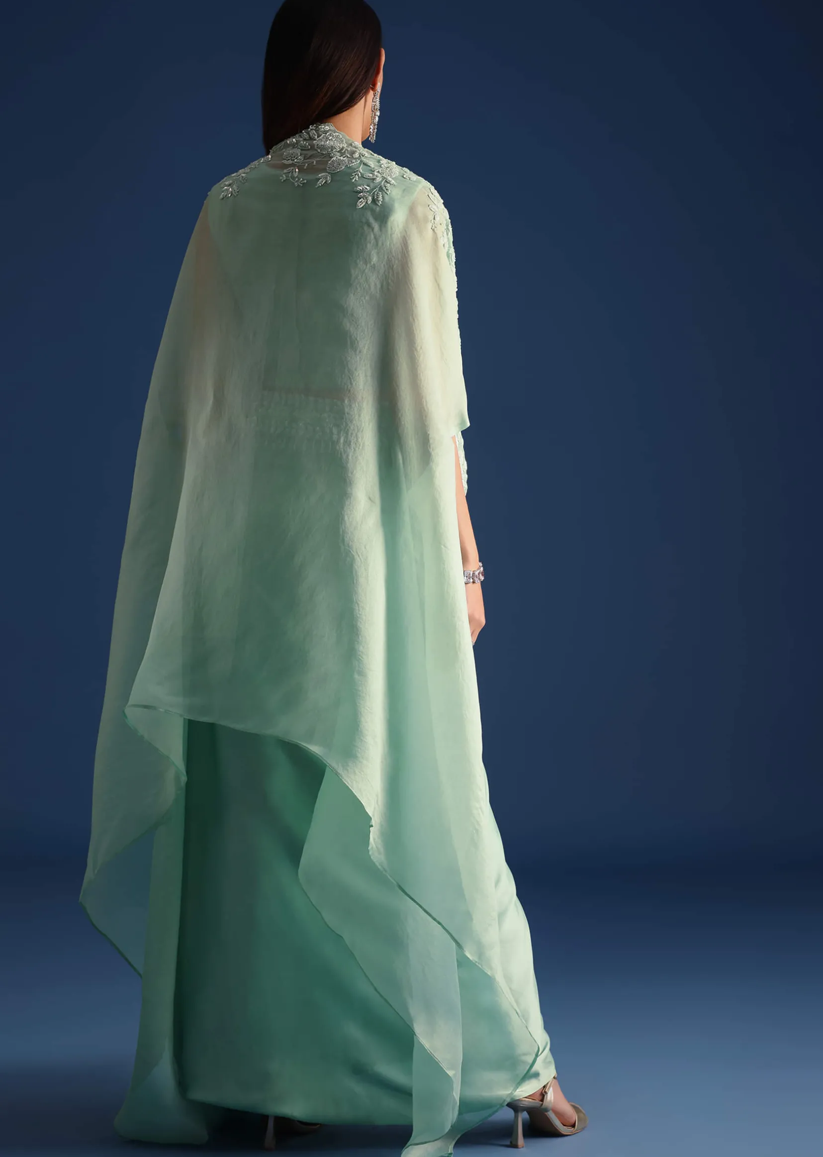 Blue Jacket With Draped Satin Skirt And Crop Top