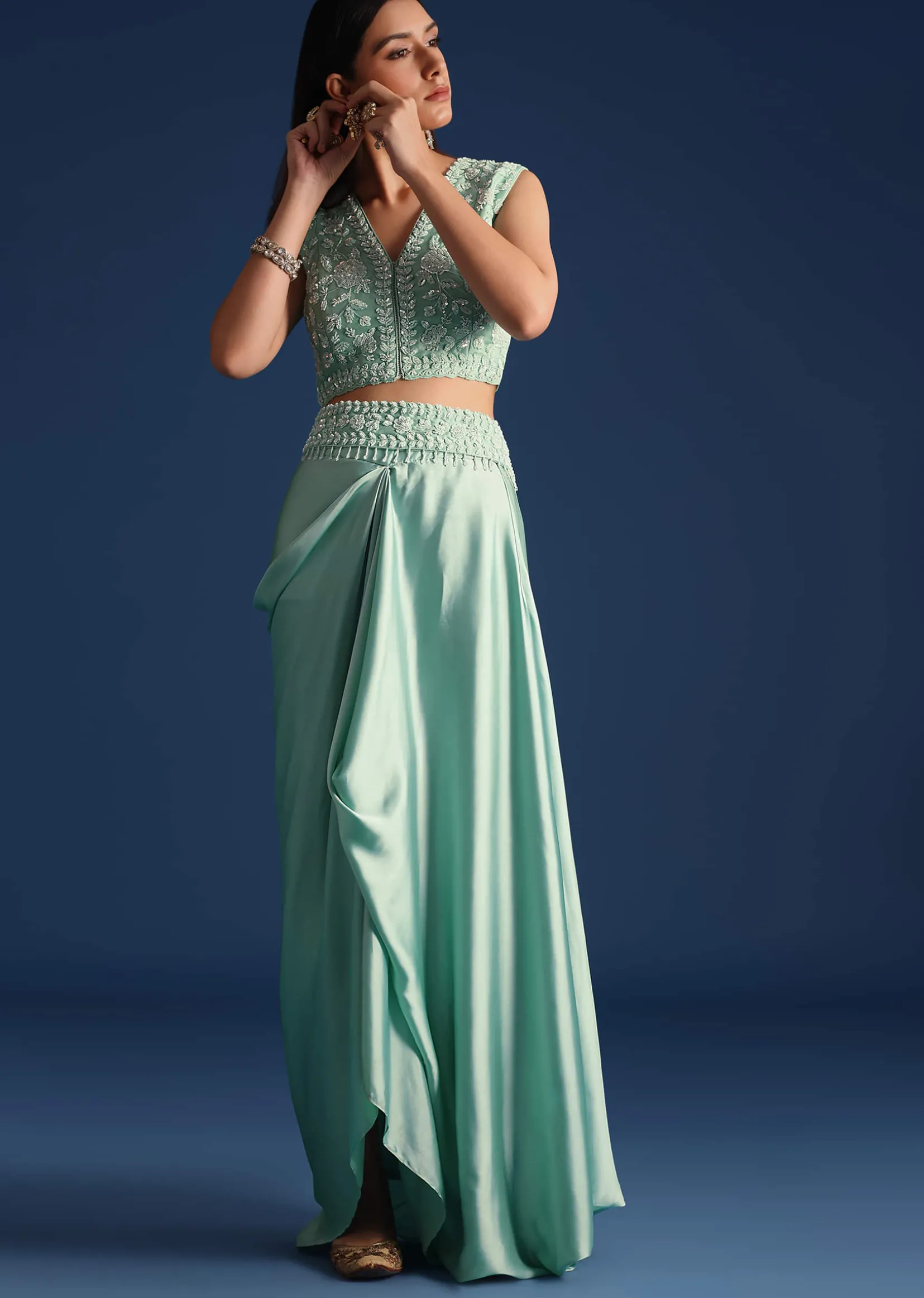 Blue Jacket With Draped Satin Skirt And Crop Top