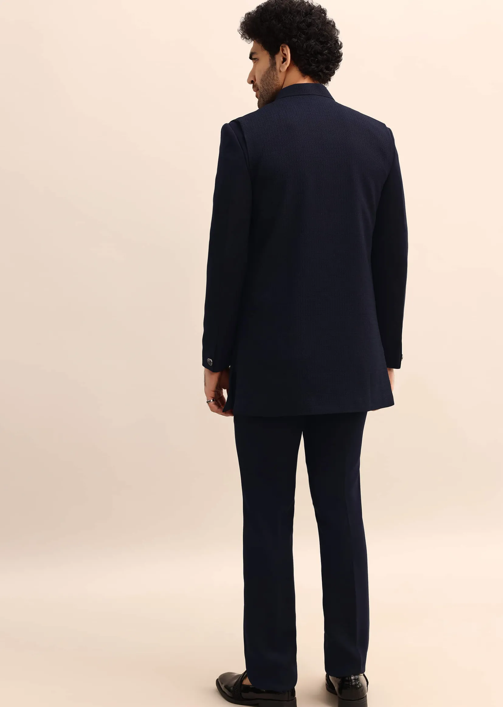 Blue Jacquard 3 Pc Jodhpuri Suit