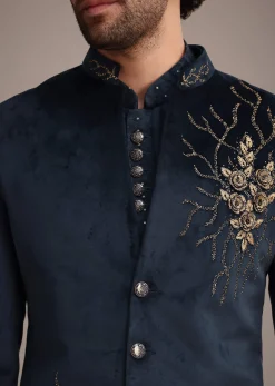 Blue Jacquard Kurta Jacket Set With Broach