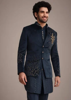 Blue Jacquard Kurta Jacket Set With Broach