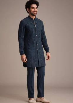 Blue Jacquard Kurta Jacket Set With Broach