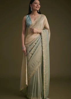 Blue Jacquard Saree With Cutdana And Stones Embroidery