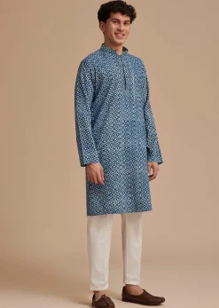 Blue Jaipuri Cotton Geometric Printed Kurta Set