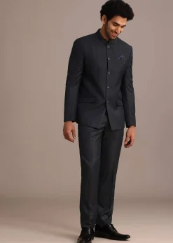 Blue Jodhpuri And Pant Set With Pocket Square