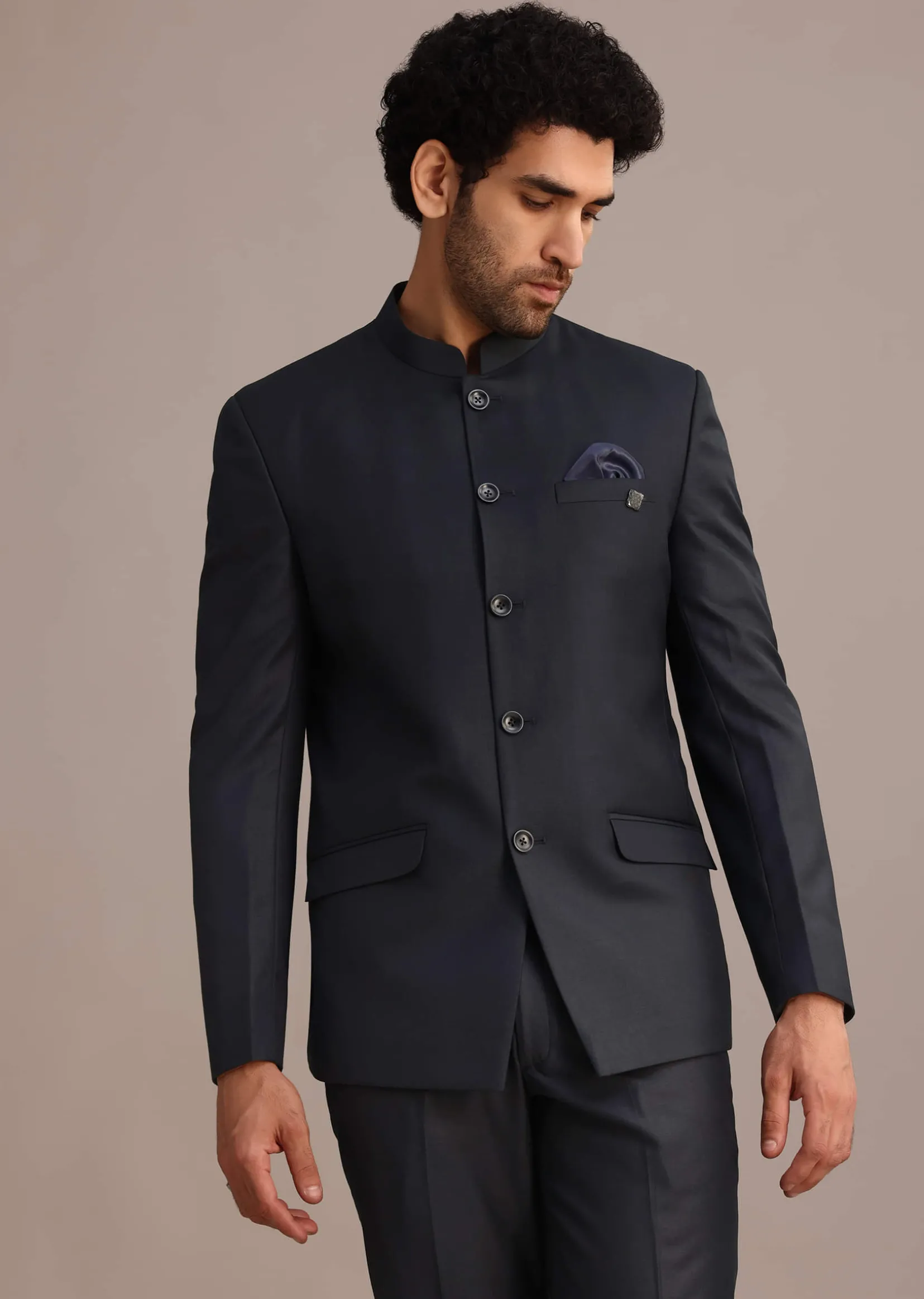 Blue Jodhpuri And Pant Set With Pocket Square