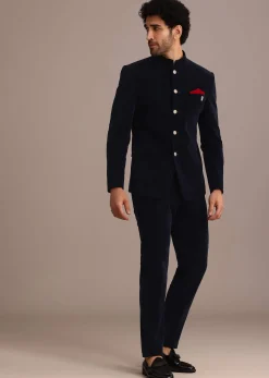 Blue Jodhpuri Suit In Velvet With Pocket Square