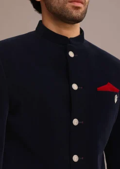 Blue Jodhpuri Suit In Velvet With Pocket Square