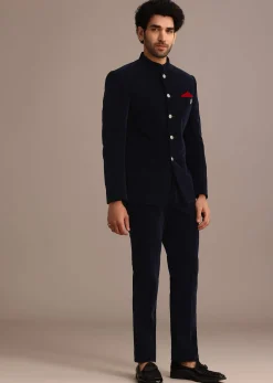 Blue Jodhpuri Suit In Velvet With Pocket Square