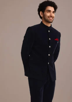 Blue Jodhpuri Suit In Velvet With Pocket Square