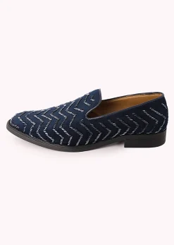 Blue Juttis In Velvet with Chevron Pattern