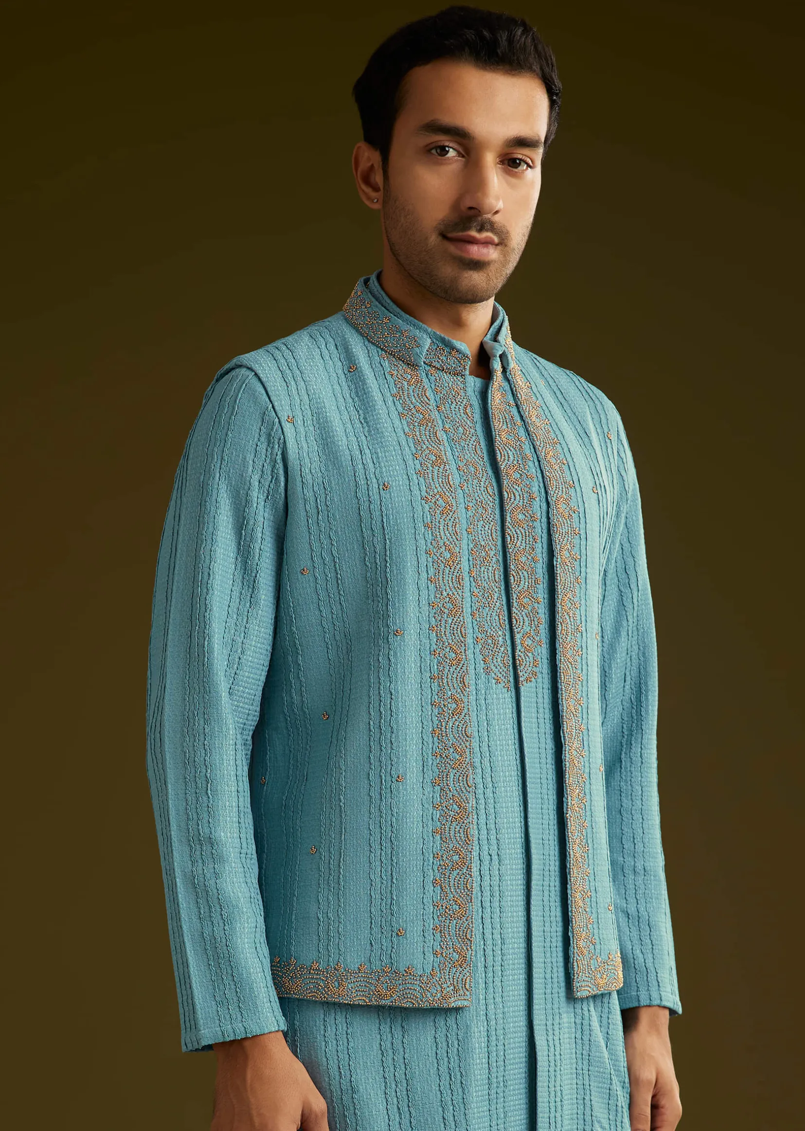 Blue Knit Kurta Jacket Set With Moti Work