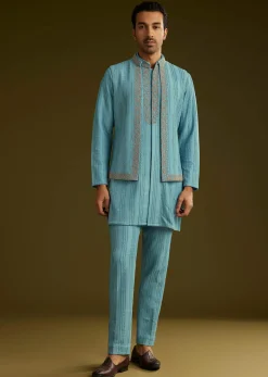 Blue Knit Kurta Jacket Set With Moti Work