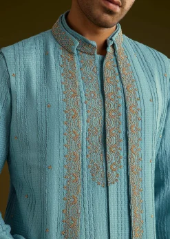 Blue Knit Kurta Jacket Set With Moti Work