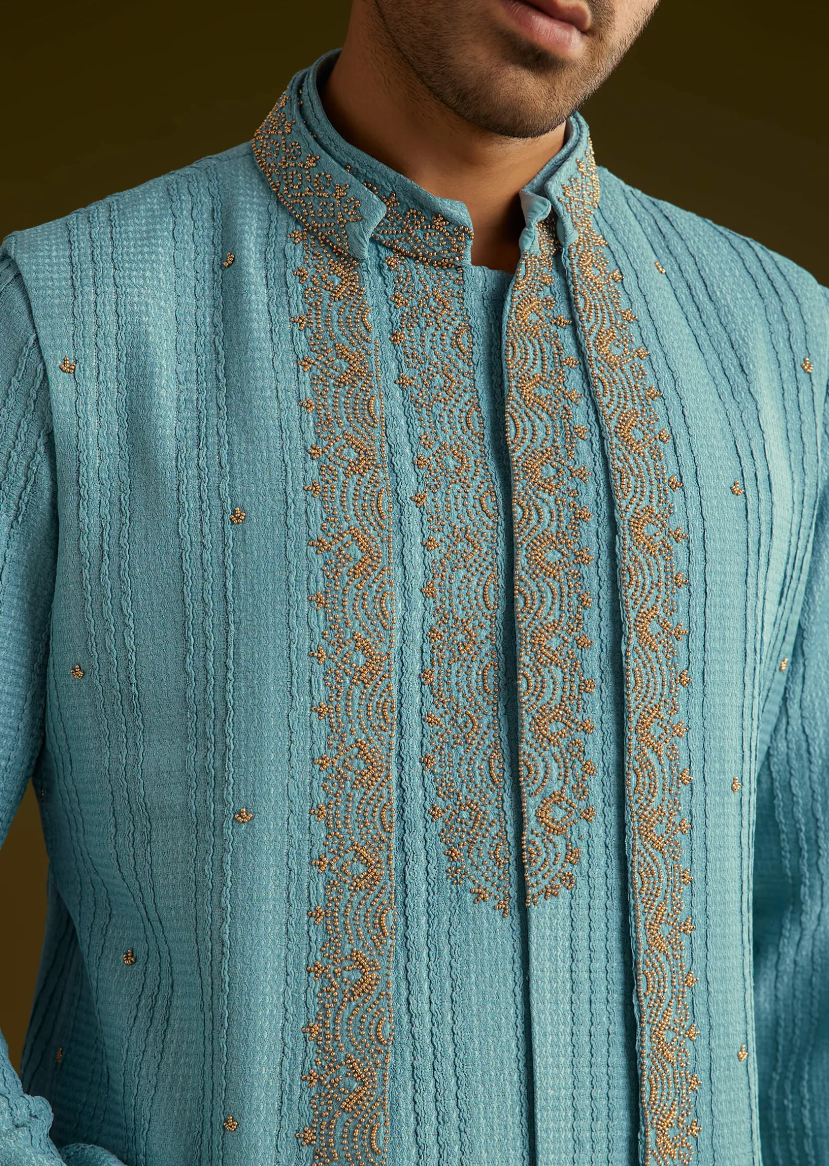 Blue Knit Kurta Jacket Set With Moti Work