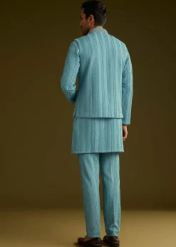 Blue Knit Kurta Jacket Set With Moti Work