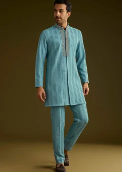 Blue Knit Kurta Jacket Set With Moti Work