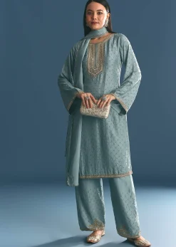 Blue Kurta Dupatta Set With Moti Cutdana Work
