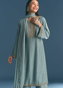 Blue Kurta Dupatta Set With Moti Cutdana Work