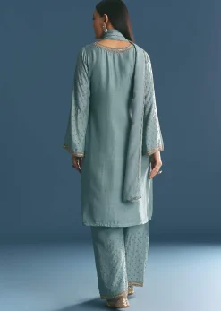 Blue Kurta Dupatta Set With Moti Cutdana Work