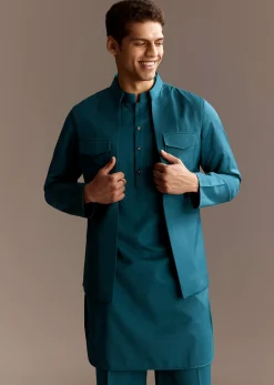 Blue Kurta Jacket Set With Palazzo Pants
