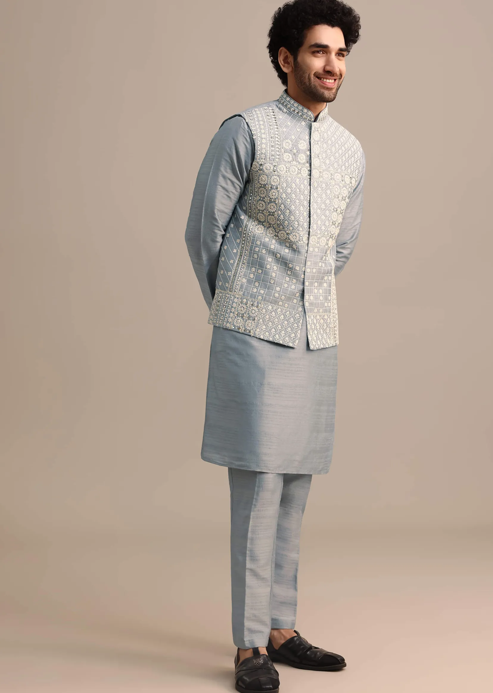 Blue Kurta Jacket Set With Thread And Mirror Work For Men