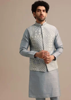 Blue Kurta Jacket Set With Thread And Mirror Work For Men