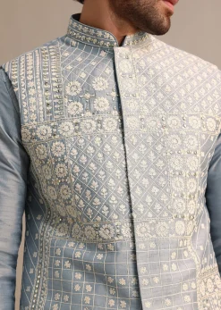 Blue Kurta Jacket Set With Thread And Mirror Work For Men