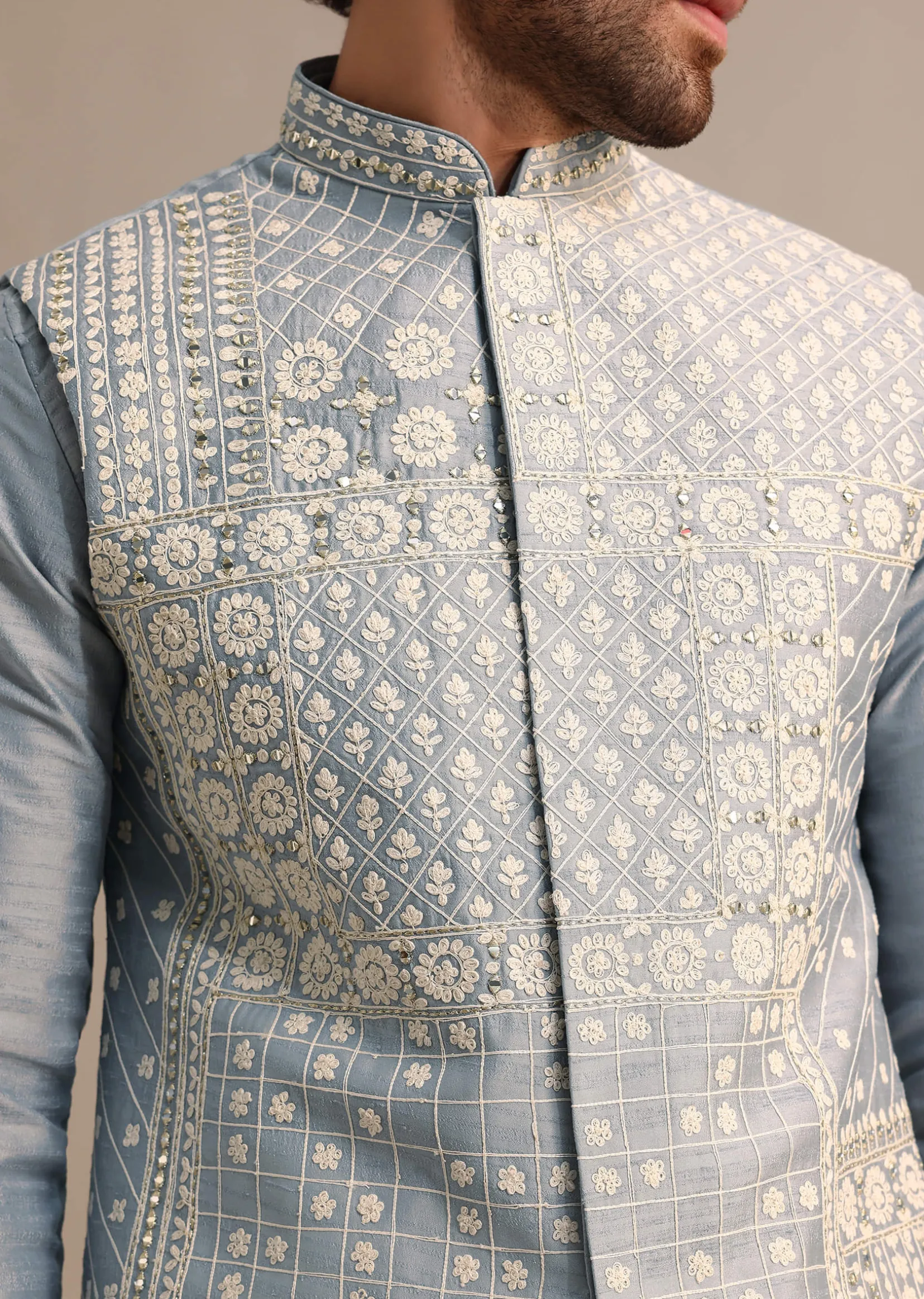 Blue Kurta Jacket Set With Thread And Mirror Work For Men