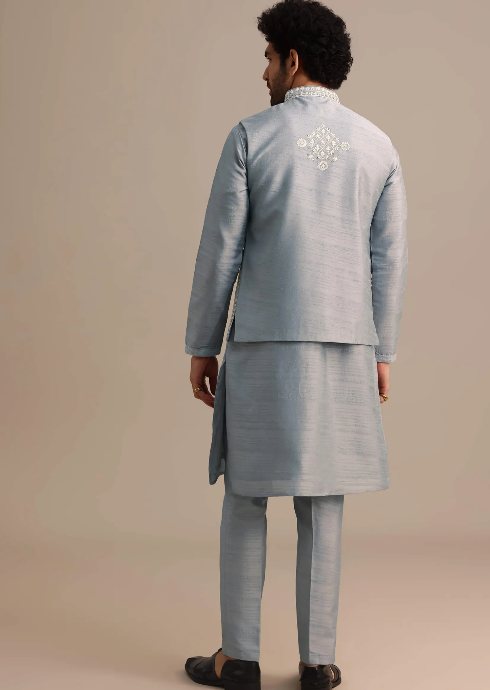 Blue Kurta Jacket Set With Thread And Mirror Work For Men