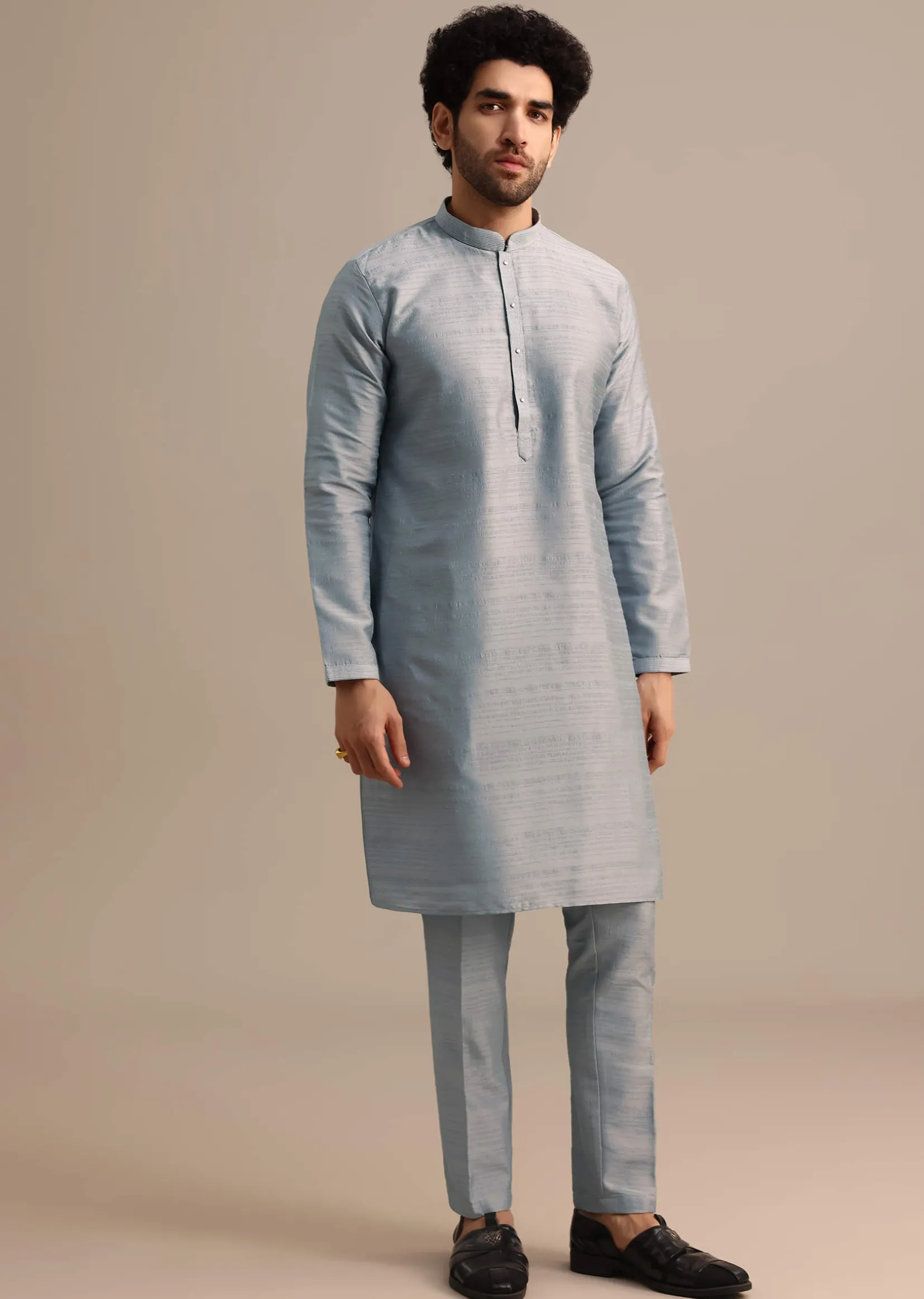 Blue Kurta Jacket Set With Thread And Mirror Work For Men