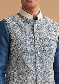 Blue Kurta Jacket Set With Resham Embroidery And Handworked Collar